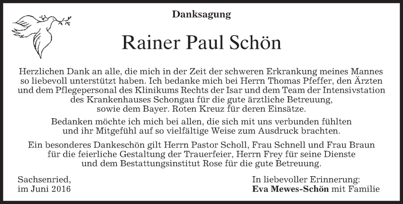  Traueranzeige für Rainer Paul Schön vom 17.06.2016 aus merkurtz