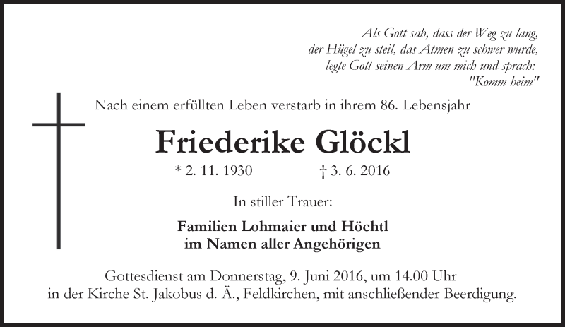  Traueranzeige für Friederike Glöckl vom 07.06.2016 aus merkurtz
