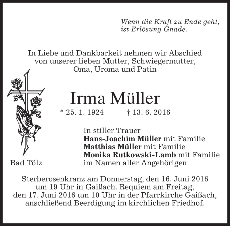  Traueranzeige für Irma Müller vom 15.06.2016 aus merkurtz