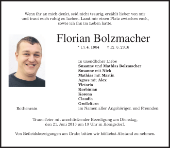 Traueranzeige von Florian Bolzmacher von merkurtz