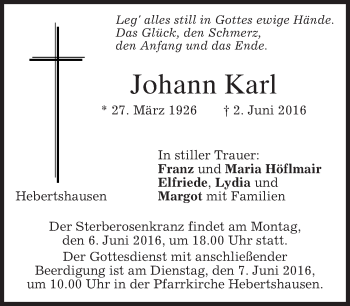 Traueranzeige von Johann Karl von merkurtz