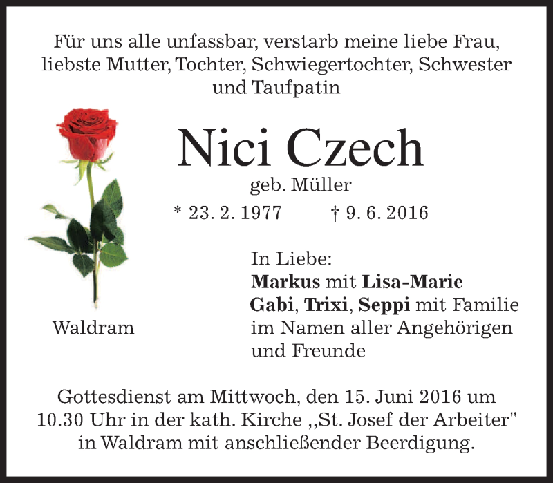  Traueranzeige für Nici Czech vom 13.06.2016 aus merkurtz