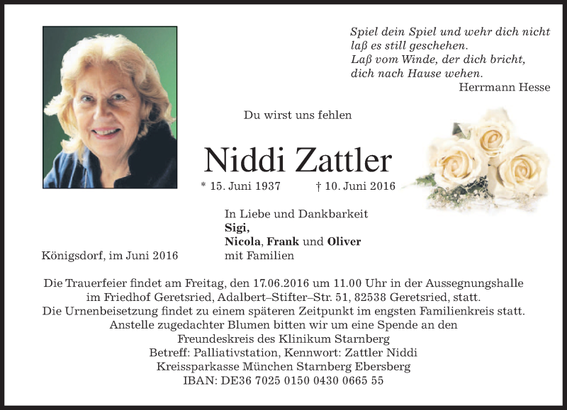  Traueranzeige für Niddi Zattler vom 14.06.2016 aus merkurtz