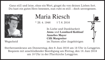 Traueranzeige von Maria Riesch von merkurtz