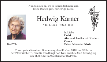 Traueranzeige von Hedwig Karner von merkurtz