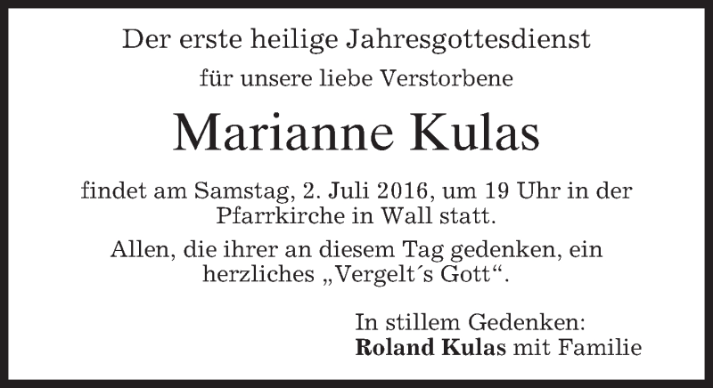  Traueranzeige für Marianne Kulas vom 30.06.2016 aus merkurtz