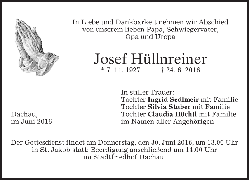  Traueranzeige für Josef Hüllnreiner vom 28.06.2016 aus merkurtz