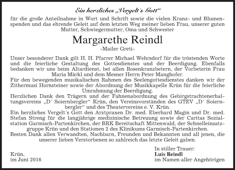  Traueranzeige für Margarethe Reindl vom 18.06.2016 aus merkurtz