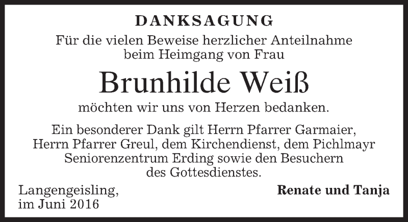  Traueranzeige für Brunhilde Weiß vom 28.06.2016 aus merkurtz