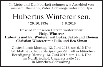 Traueranzeige von Hubertus Winterer von merkurtz