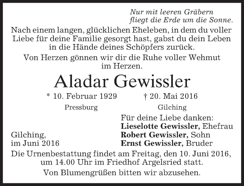  Traueranzeige für Aladar Gewissler vom 04.06.2016 aus merkurtz