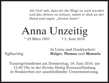 Traueranzeige von Anna Unzeitig