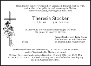 Traueranzeige von Theresia Stocker