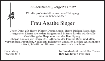 Traueranzeige von Agathe Singer von merkurtz