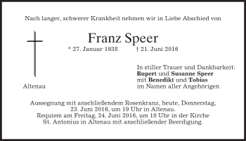 Traueranzeige von Franz Speer von merkurtz