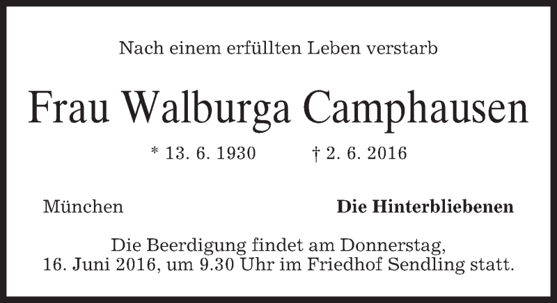  Traueranzeige für Walburga Camphausen vom 11.06.2016 aus merkurtz