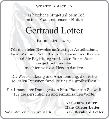 Traueranzeige von Gertraud Lotter