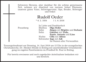 Traueranzeige von Rudolf Oeder von merkurtz