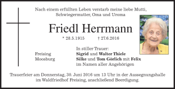 Traueranzeige von Friedl Herrmann von merkurtz