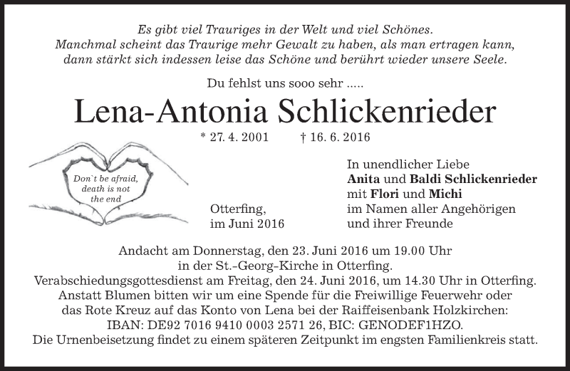  Traueranzeige für Lena-Antonia Schlickenrieder vom 22.06.2016 aus merkurtz