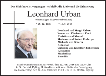 Traueranzeige von Leonhard Urban von merkurtz