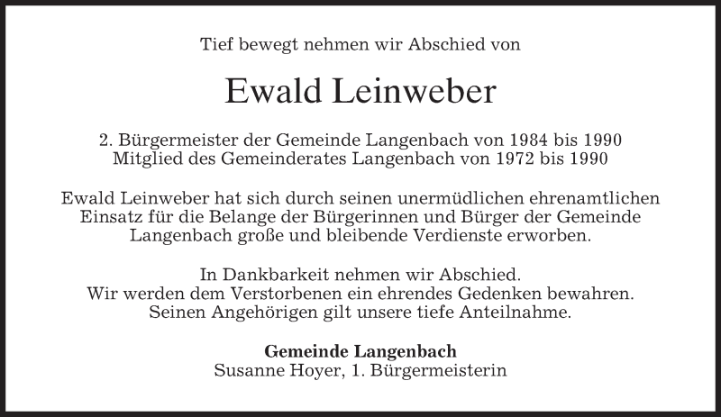  Traueranzeige für Ewald Leinweber vom 16.06.2016 aus merkurtz