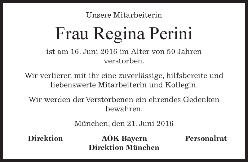  Traueranzeige für Regina Perini vom 22.06.2016 aus merkurtz