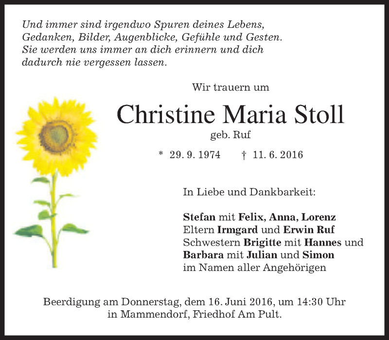  Traueranzeige für Christine Maria Stoll vom 15.06.2016 aus merkurtz