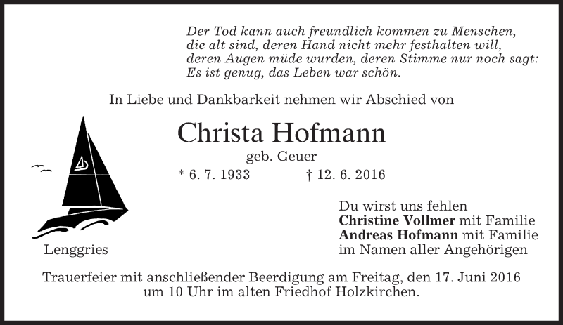  Traueranzeige für Christa Hofmann vom 15.06.2016 aus merkurtz