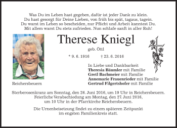 Traueranzeige von Therese Kniegl von merkurtz