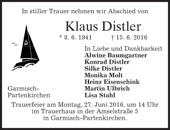 Traueranzeige von Klaus Distler von merkurtz