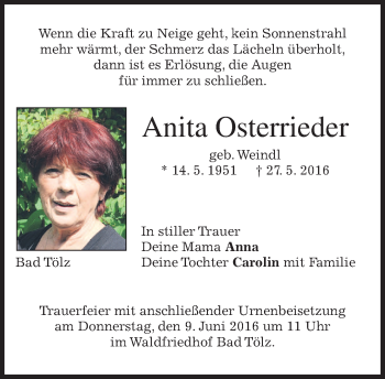 Traueranzeige von Anita Osterrieder von merkurtz