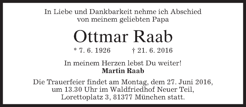  Traueranzeige für Ottmar Raab vom 25.06.2016 aus merkurtz