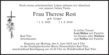 Traueranzeige von Therese Rest von merkurtz