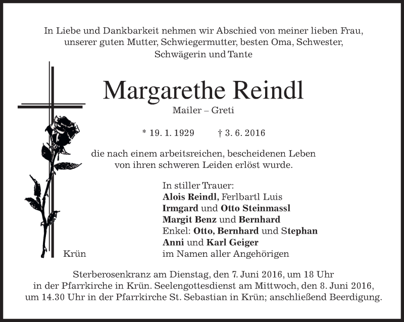  Traueranzeige für Margarethe Reindl vom 04.06.2016 aus merkurtz