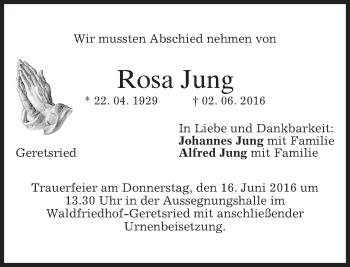 Traueranzeige von Rosa Jung von merkurtz