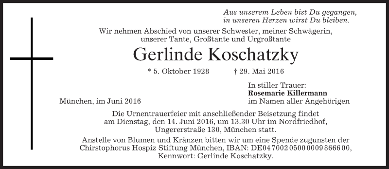  Traueranzeige für Gerlinde Koschatzky vom 04.06.2016 aus merkurtz