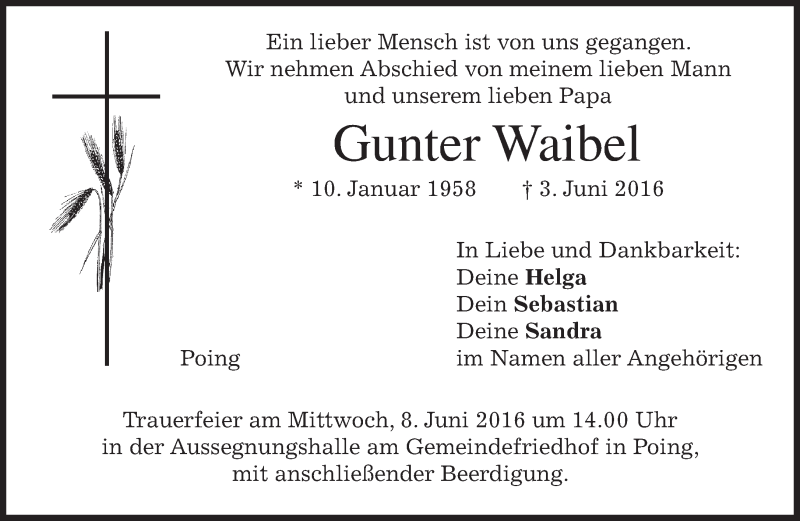  Traueranzeige für Gunter Waibel vom 06.06.2016 aus merkurtz