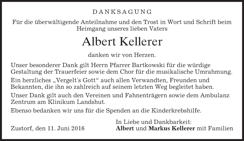  Traueranzeige für Albert Kellerer vom 11.06.2016 aus merkurtz