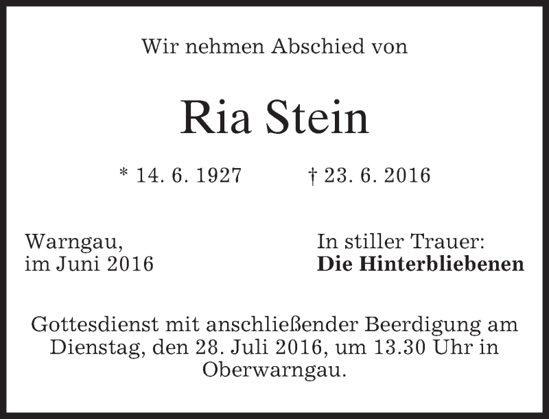  Traueranzeige für Ria Stein vom 25.06.2016 aus merkurtz