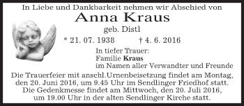 Traueranzeige von Anna Kraus von merkurtz