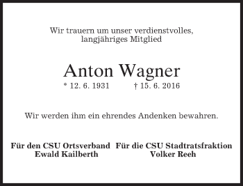 Traueranzeige von Anton Wagner von merkurtz
