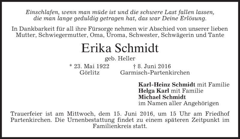  Traueranzeige für Erika Schmidt vom 11.06.2016 aus merkurtz