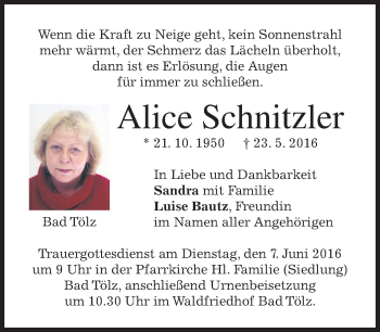 Traueranzeige von Alice Schnitzler von merkurtz
