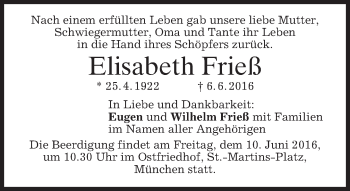 Traueranzeige von Elisabeth Frieß von merkurtz
