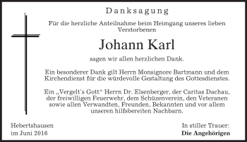 Traueranzeige von Johann Karl von merkurtz