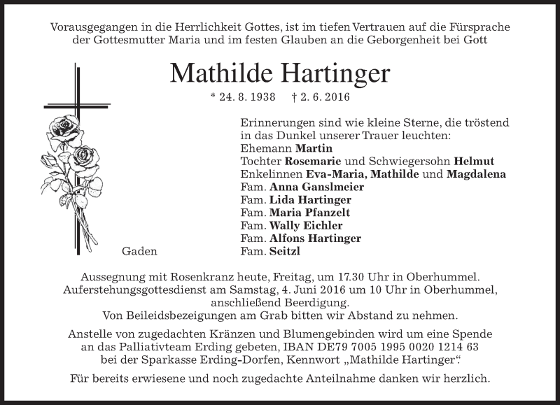  Traueranzeige für Mathilde Hartinger vom 03.06.2016 aus merkurtz