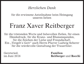 Traueranzeige von Franz Xaver Reitberger von merkurtz