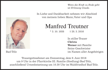 Traueranzeige von Manfred Treutner von merkurtz