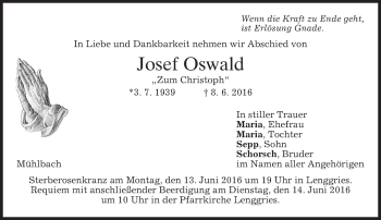 Traueranzeige von Josef Oswald von merkurtz